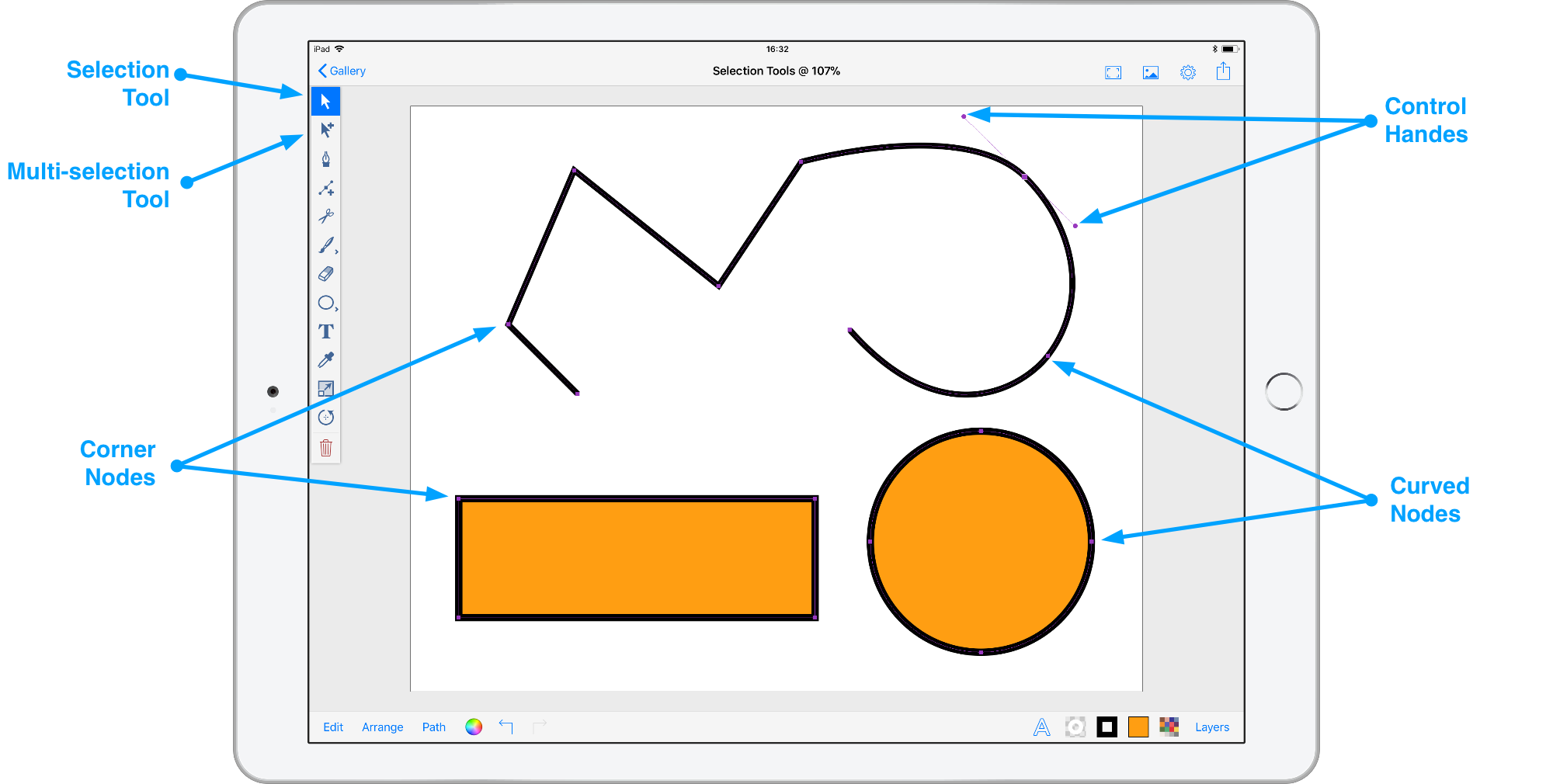 Inkpad selection tools and vector anchors